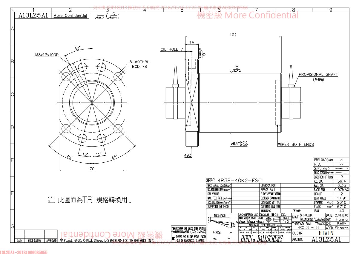 上银滚珠丝杆4R38-40K2-FSC-0.05